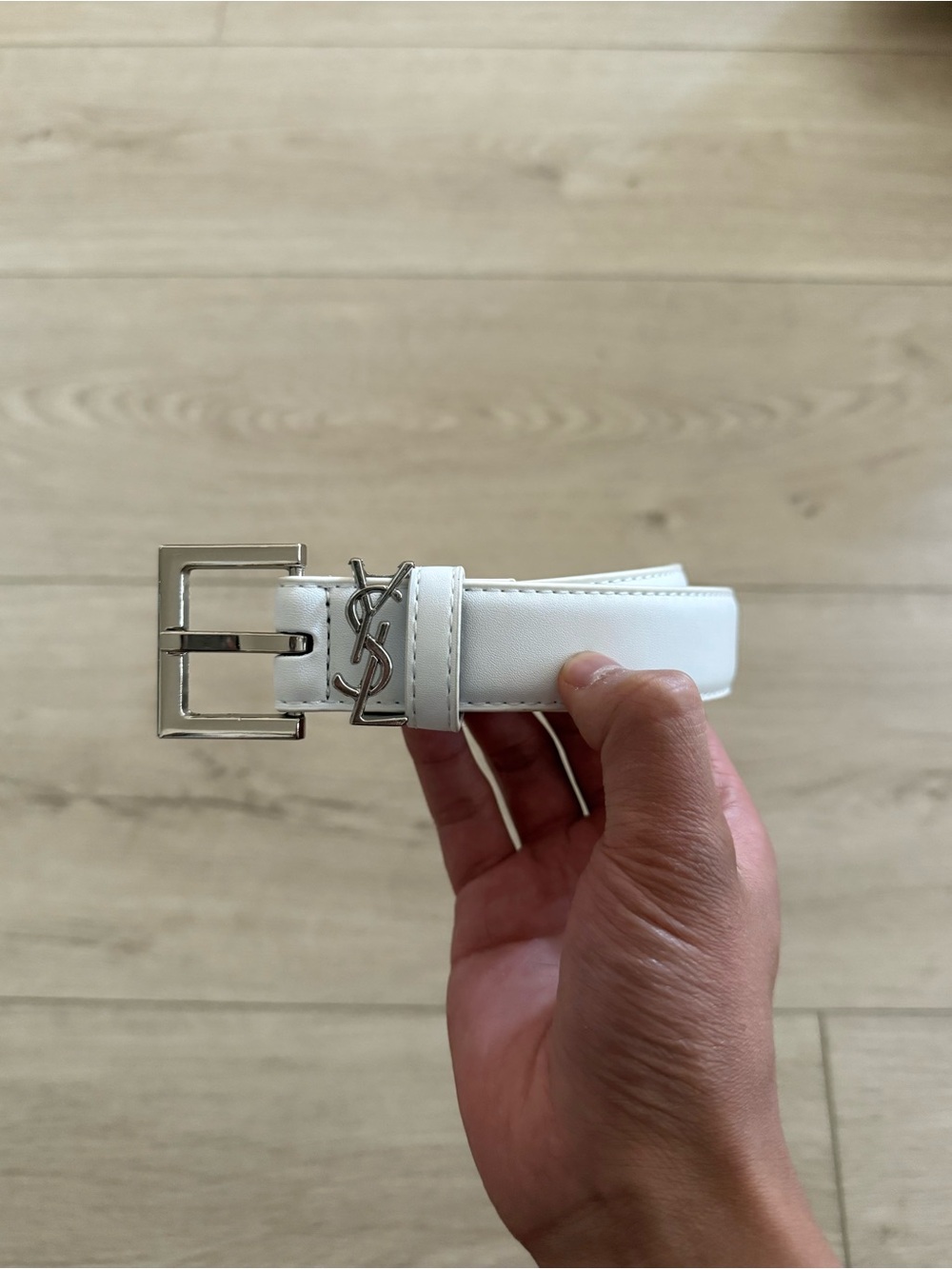 Saint Laurent White Leather Belt with Signature Silver YSL Accent